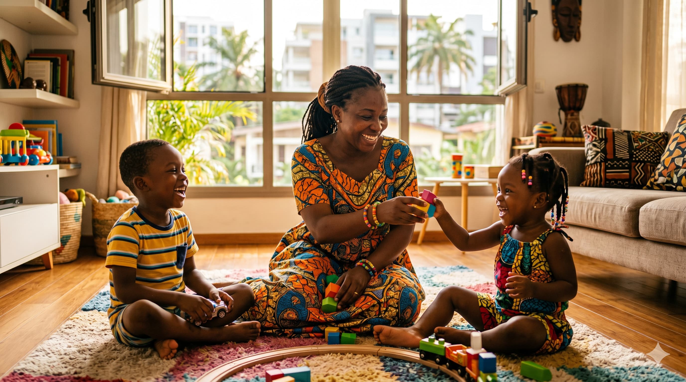 Famille ivoirienne à Abidjan avec une nounou souriante